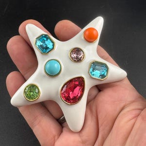 Kenneth Jay Lane White Enamel Starfish Brooch, Multicolor Crystal