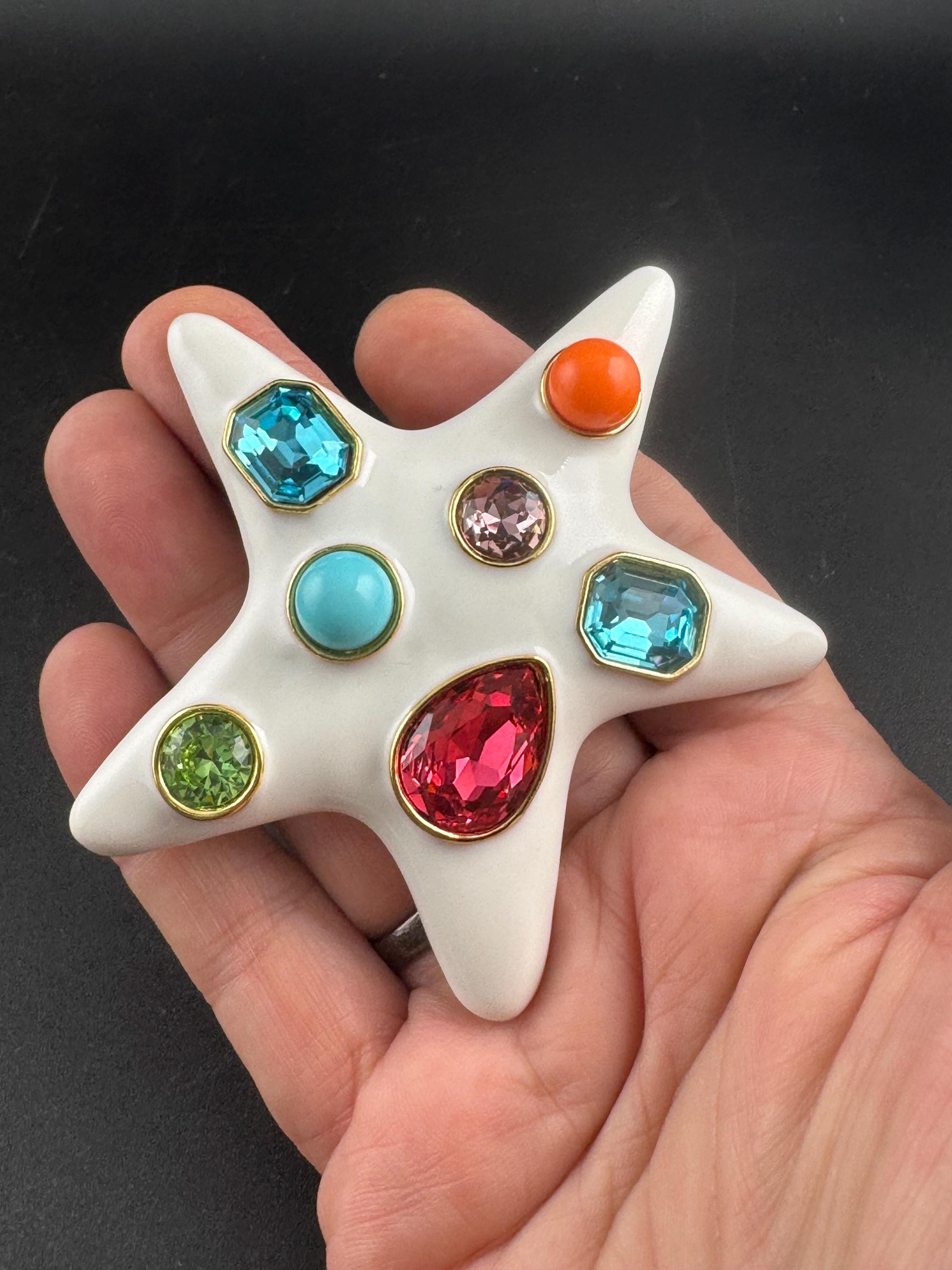 Kenneth Jay Lane White Enamel Starfish Brooch, Multicolor Crystal
