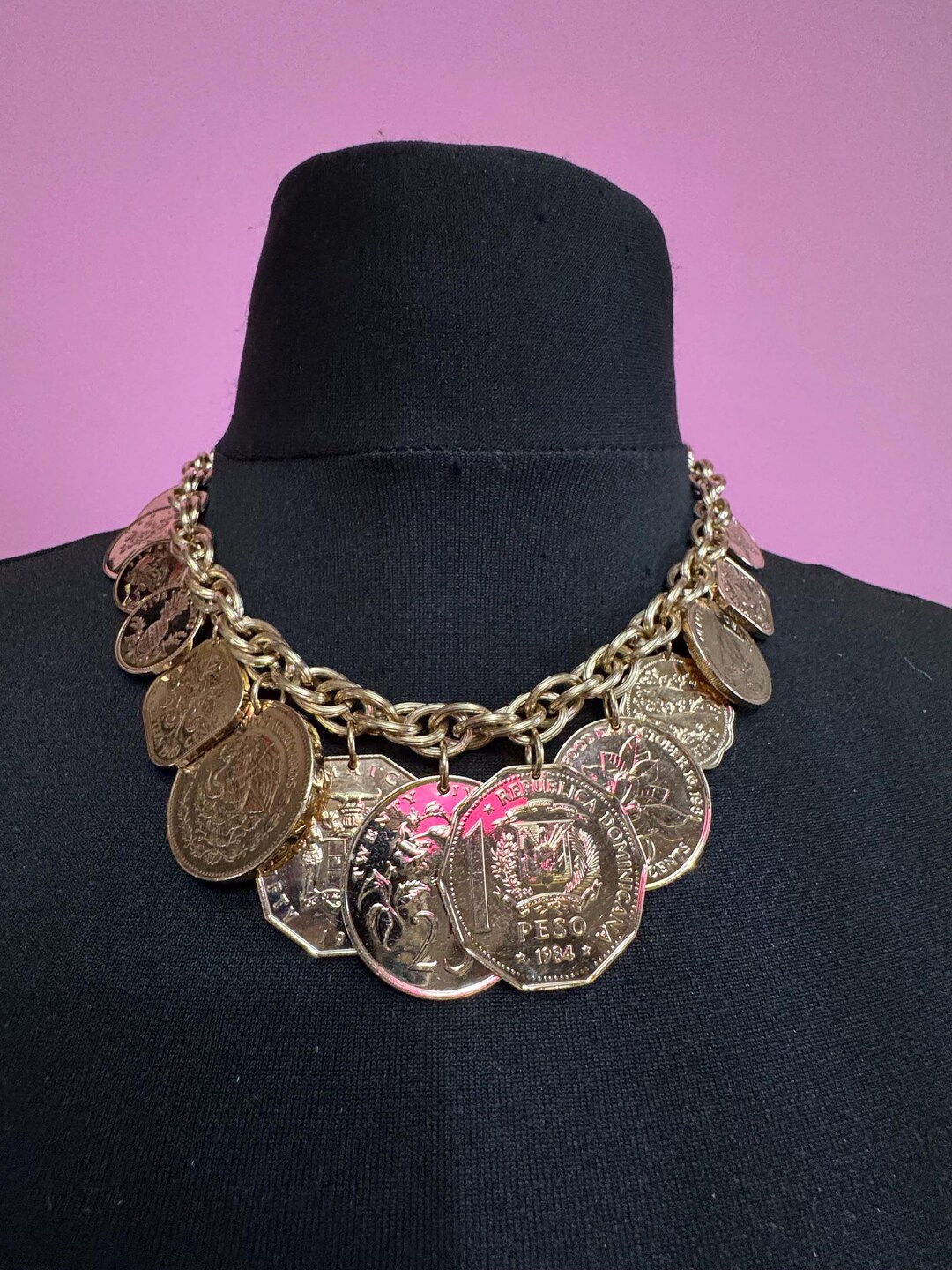 Vintage FRANKLIN MINT Coin Necklaceネックレス Golden Caribbean Coin Necklace: Franklin Mint, Vintage Gold Wide
