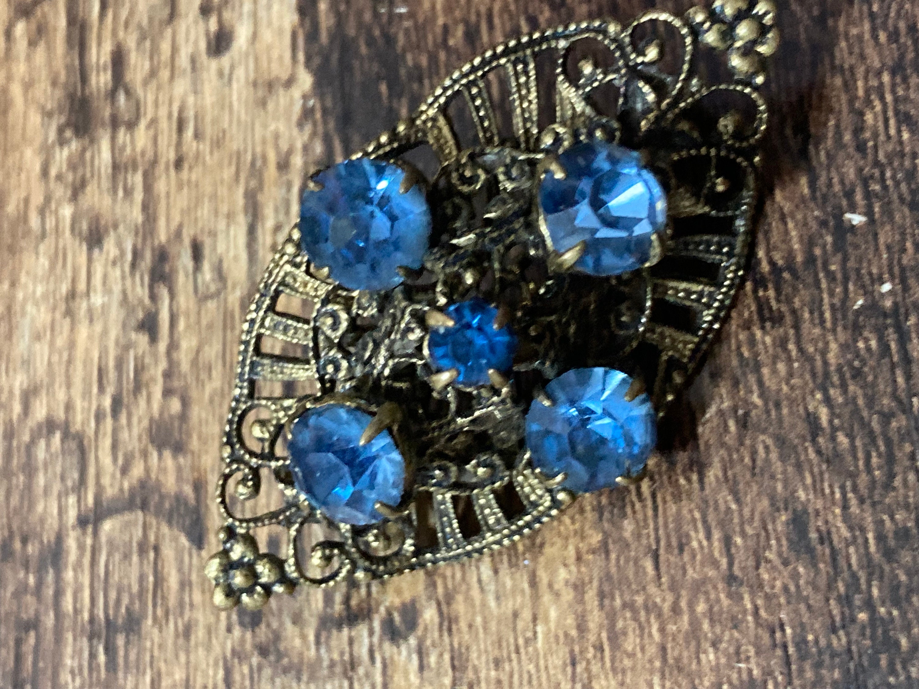 Vintage Czech Brass Filigree Sapphire Blue Glass Rhinestone 