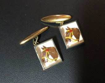 Vintage Reverse Painted Carved Horse Head equestrian Cuff links