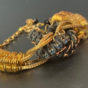 Retro black Swarovski Crystal silk cord gold tone cocktail knot bracelet designer image 3