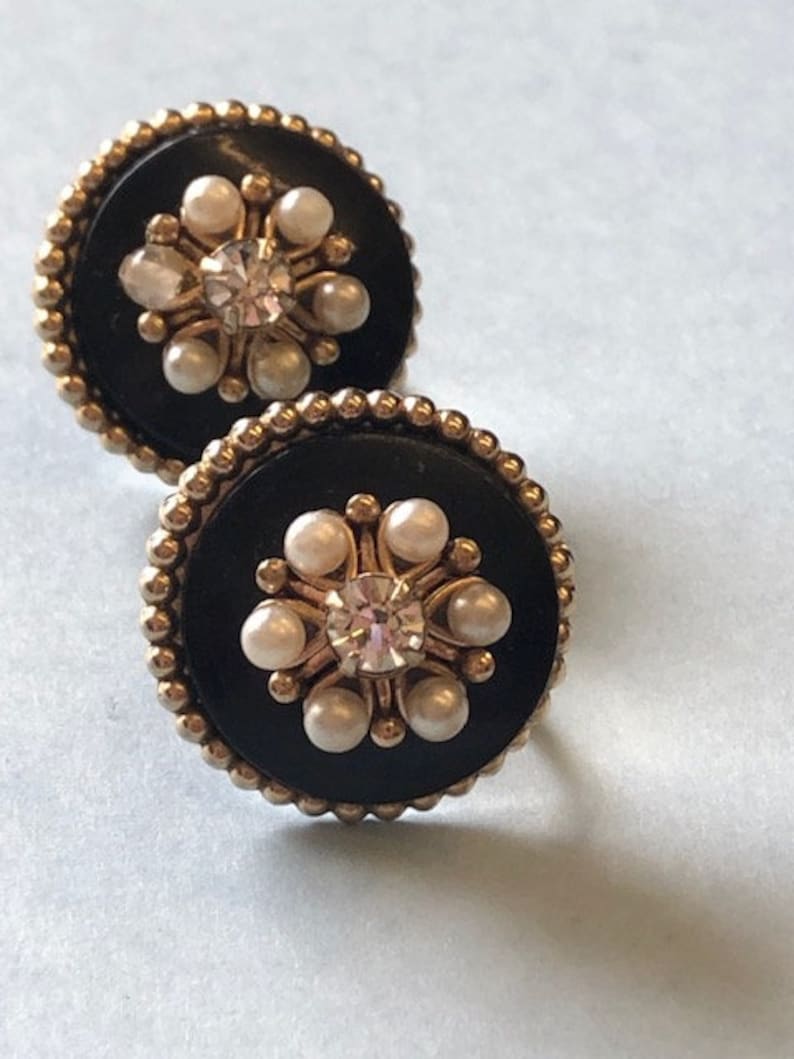 Antique Vintage Black base ornate Gilt gold metal and seed pearl diamante dot work earrings Victorian Edwardian style screw back