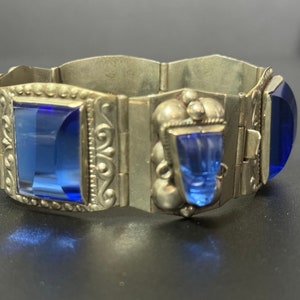 Vintage 1960s TAXCO Mexikanische Ikone Gottheit Blau Glas Ton Maske Panel Armband 925 Sterling Silber