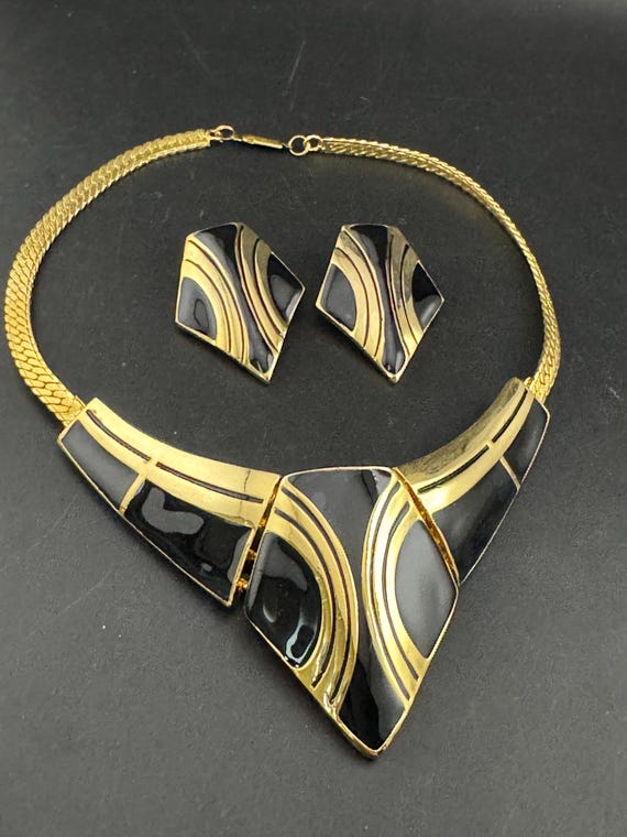 Enamel Necklace and Earrings: Vintage 1980s Jewelry (Black & Gold)