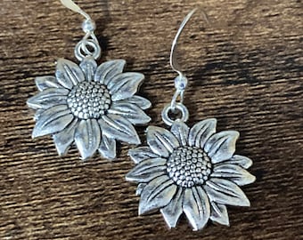 Sunflower earrings silver tone dangly