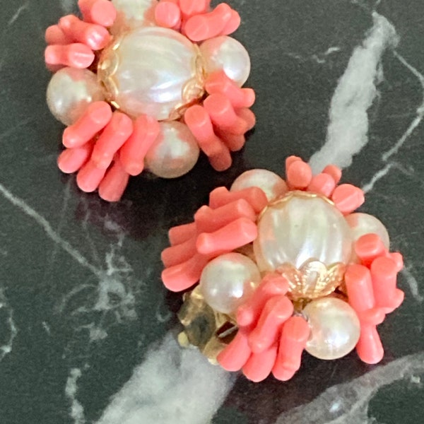 Vintage mid century faux stick branch coral and faux Pearl stud cluster clip on earrings gold tone