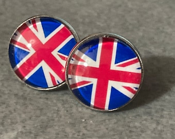 Union Jack stud earrings with 16mm glass cabochons stainless steel