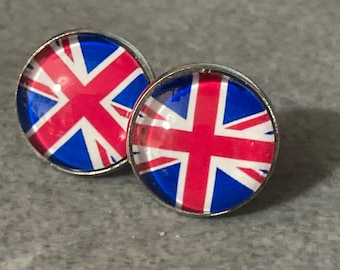 Puces d'oreilles Union Jack avec cabochons en verre de 16 mm, acier inoxydable