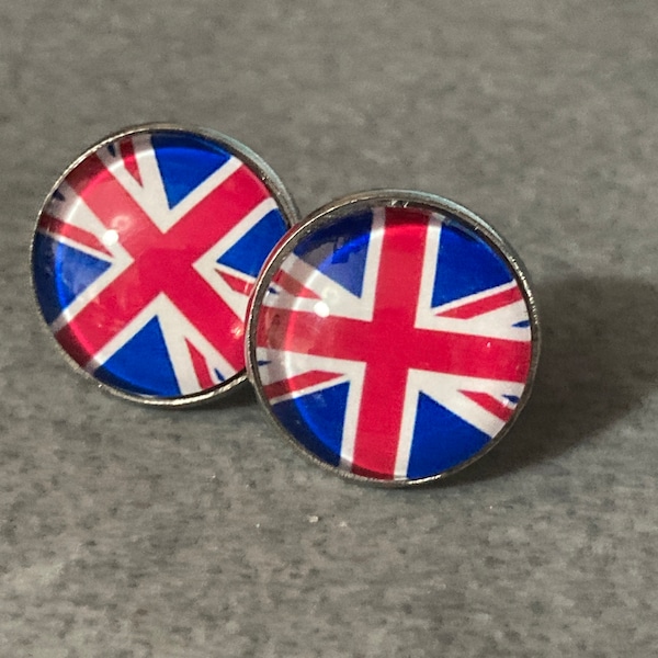 Union Jack stud earrings with 16mm glass cabochons stainless steel