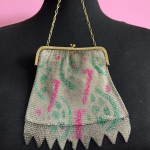 As found Antique pink green cold painted mesh chainmail evening bag black onyx clasp