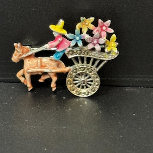 Markasit Emaille Brosche Pferd und Wagen Vintage 1950er Jahre Chrom zurück Markasit Mid Century