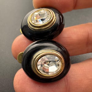 Oversized 2cm High End Gold tone black enamel diamanté clip on oval earrings 1990s