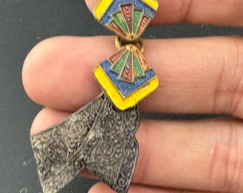 Antique Art Deco Cloisonne Enamel Belt Buckle: Yellow & Blue, 1920s