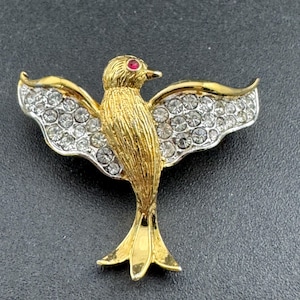 signierte Attwood & Sawyer kleine Strass Vogel Brosche, Kristall, goldfarben