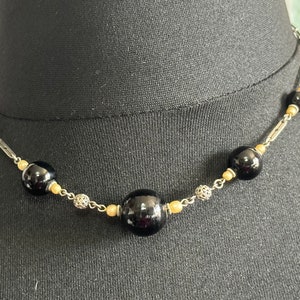 Czech silver filigree and chrome Black glass beaded necklace 1920s art deco