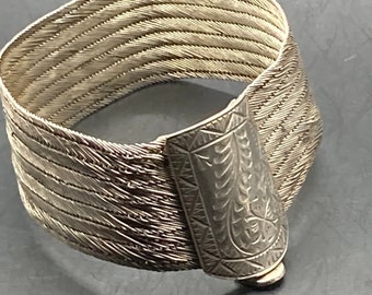 Antique wide fine mesh link Trabzon Turkish cuff bracelet 20cm long x 2.25cm 900 continental silver