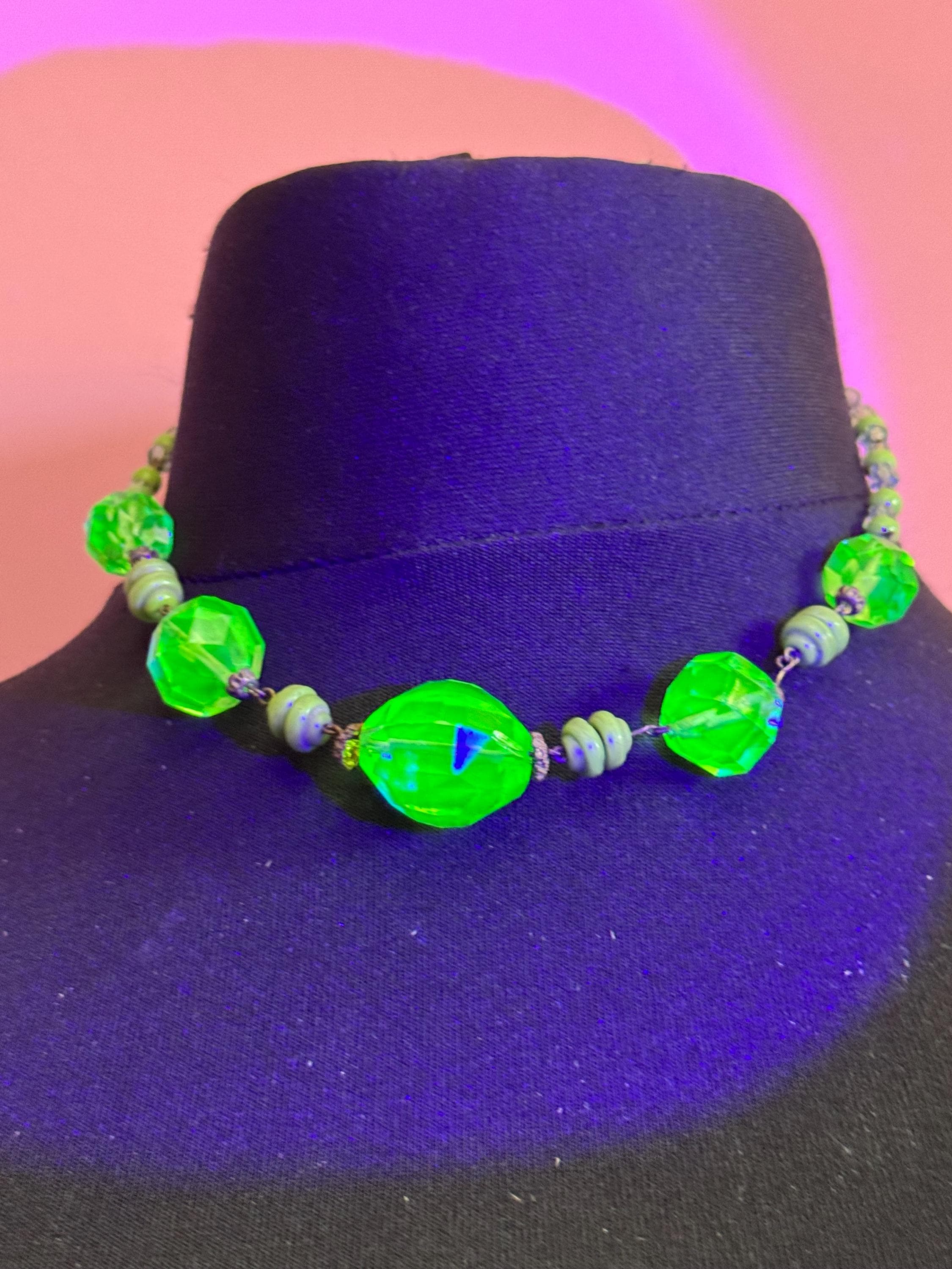 Uranium Glass Beaded Necklace, UV Reactive Art Deco Glass Czech 