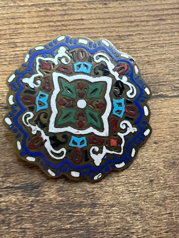 Broche Ronde émaillée Cloisonnée Vintage - 4,7 Cm - Occasion Bon état