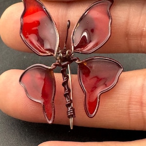 Vintage early gold tone artisan red celluloid butterfly brooch pin