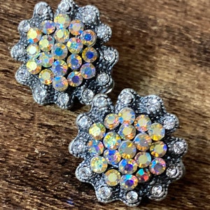 Retro rainbow AB Aurora borealis diamanté Silver Tone Clip On Earrings
