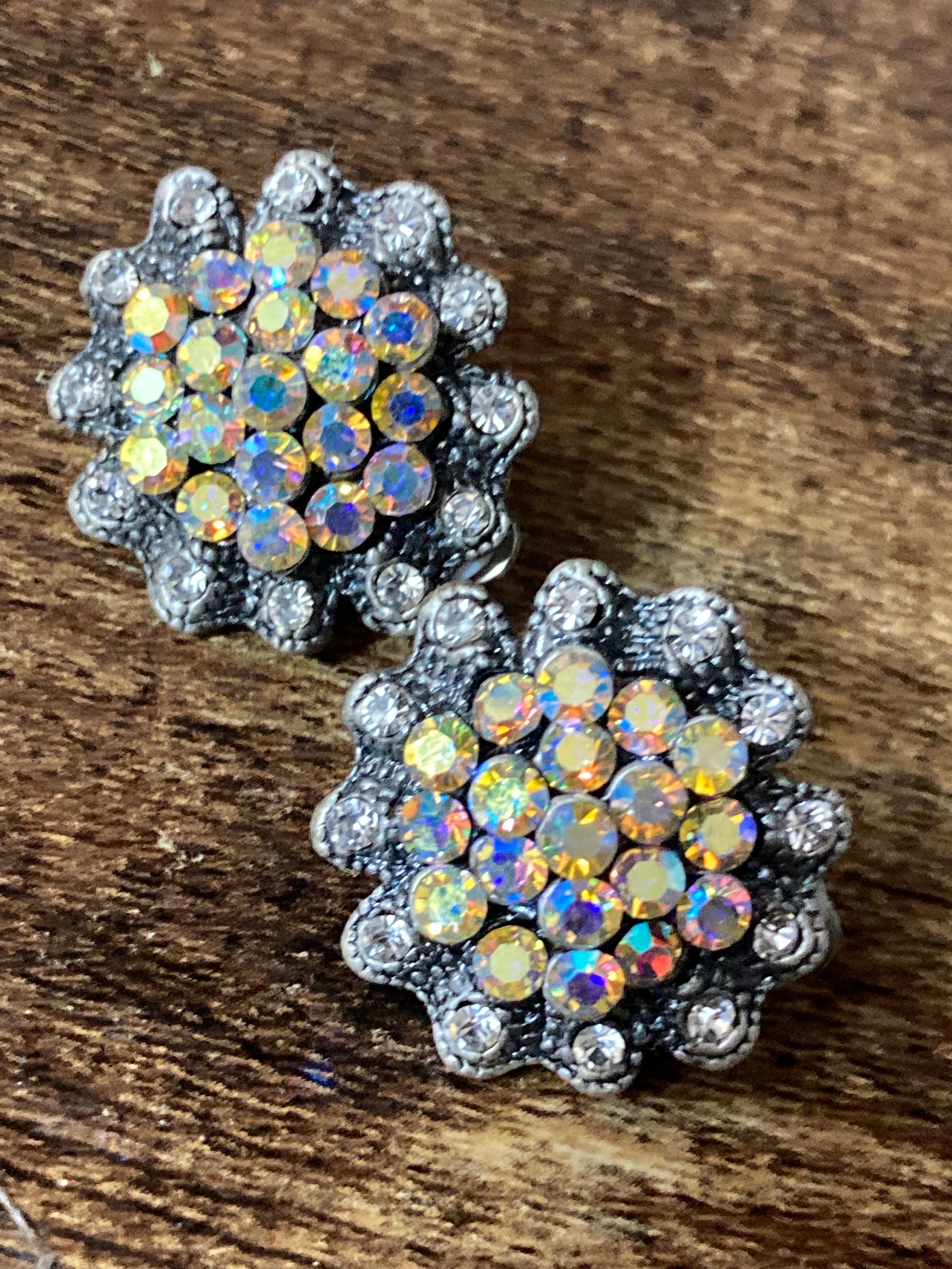 Boucles d'oreilles à clip rétro arc-en-ciel AB Aurora borealis diamanté argenté