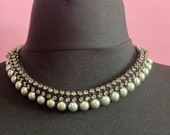 Retro soft grey Swarovski Crystal diamanté and dark grey silver faux pearl woven chunky choker necklace designer