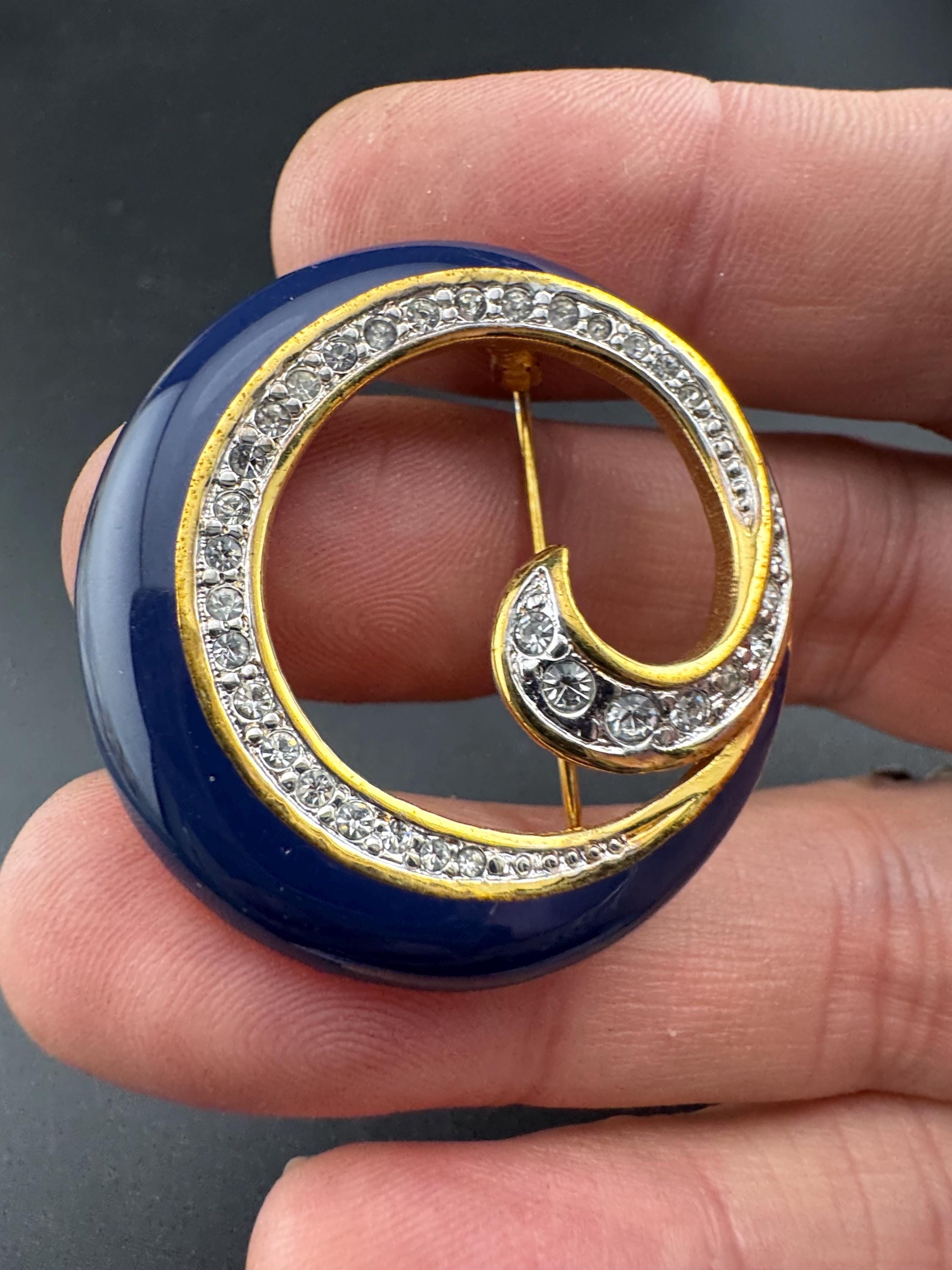 Navy Blue Enamel Diamanté Swirl Detail Brooch, 1980s - Etsy