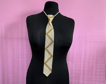 Beaded mens tie necklace, cream and gold faux pearls, vintage retro