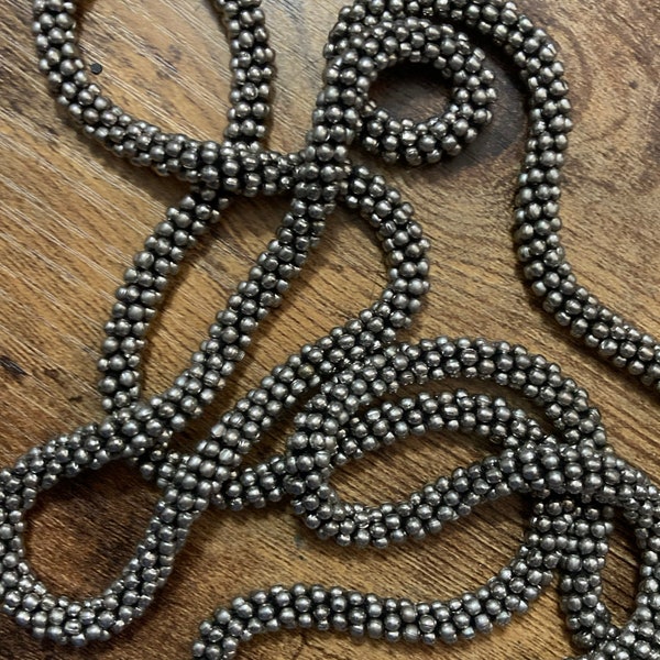 Vintage dark grey metal seed bead necklace long flapper length 125cm