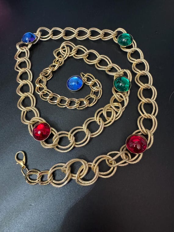 1990s Gold Chain Belt: Red, Green & Blue Austrian Glass  display picture 3