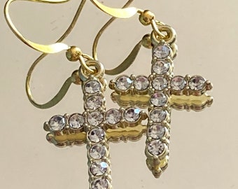 Handmade gold tone clear diamanté crystal religious cross earrings