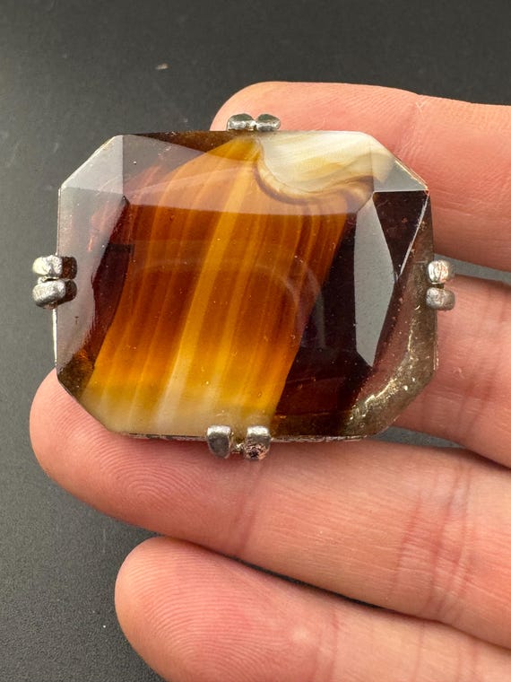 Gold tone rectangular brooch large brown faux mar… - image 1