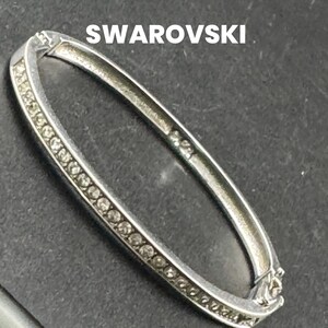 signed swan Swarovski crystal channel set slim silver plated clamper bangle