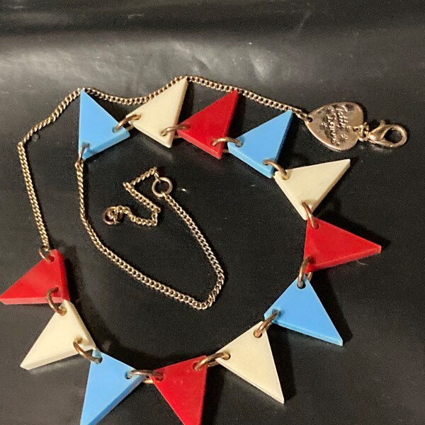 Signed Tatty Devine blue and red flag bunting necklace designer