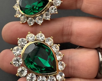 Emerald teardrop clip on Earrings: Swarovski Crysta , Gold Tone, 1980s Stock