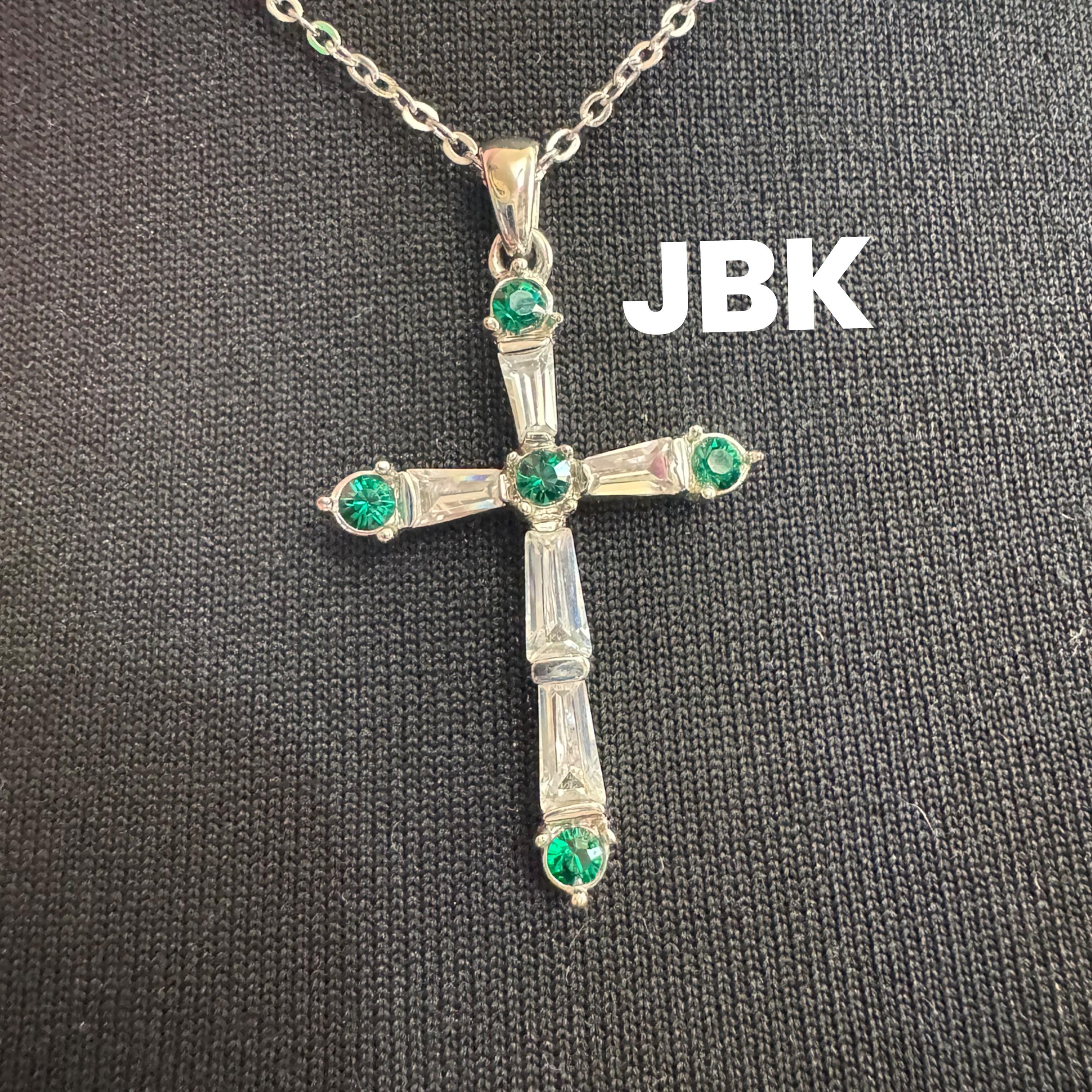 JBK Crystal Cross Pendant: Emerald Green, 50cm Chain Camrose and