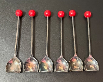 True Vintage set of 6 Silver plated red cherry cocktail spoons for gin bar mixologist