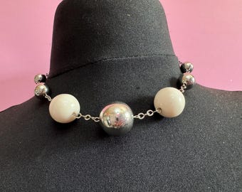white bead necklace jakob Bengel style, Czech silver Chrome