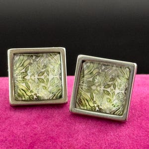 William Morris print glass stud cabochon earrings handmade stainless steel 1.5cm square