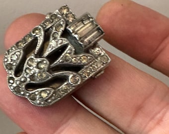 Art Deco Rhinestone Dress Clip: Antique Paste Glass, Chrome, Silver Tone