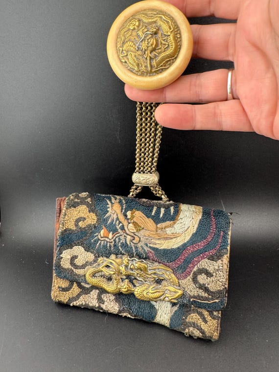 Antique Japanese Tobacco Pouch: Meiji Era Silk Dragon - Soft