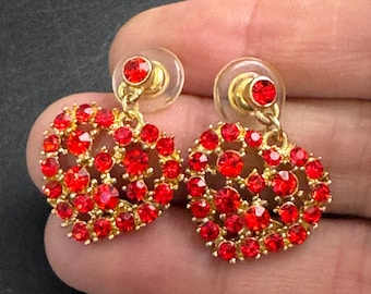 Ruby red diamanté heart earrings, drops signed and pierced