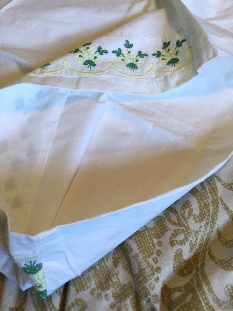 Pair 2 Chateau chic bedding decor pair of white cotton embroidered pillowcases with green yellow ditsy flowers roses 28 x 18 inches