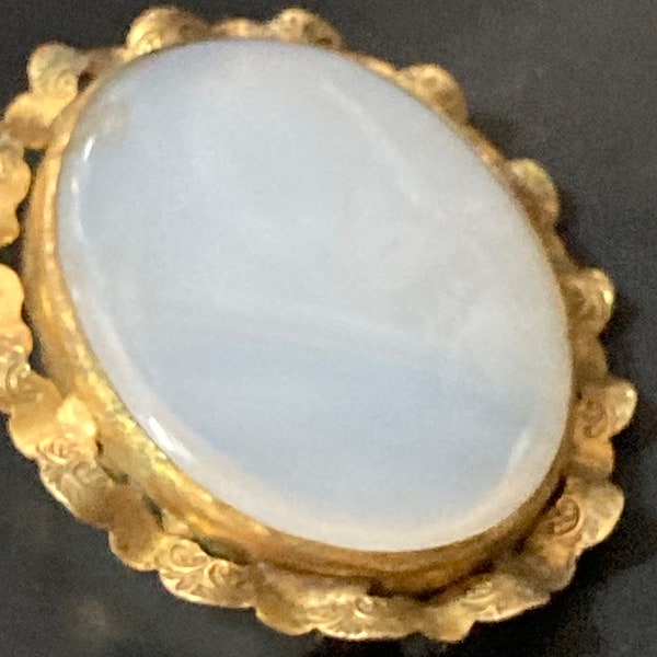 Antique rolled gold large oval white gemstone agate brooch Edwardian