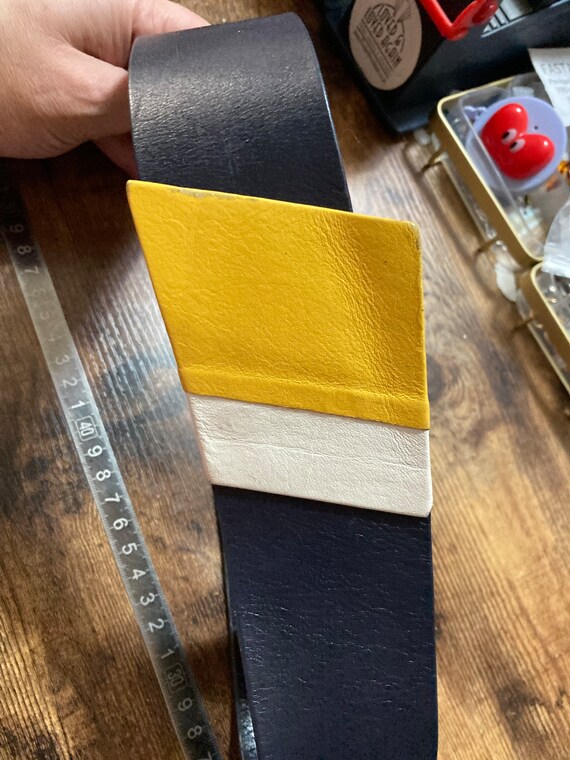 Jaeger navy blue yellow leather belt 71cm 28” vin… - image 8