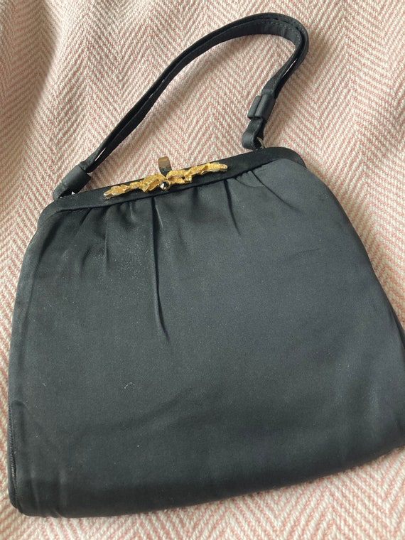 Signed antique black satin evening bag purse bras… - image 2