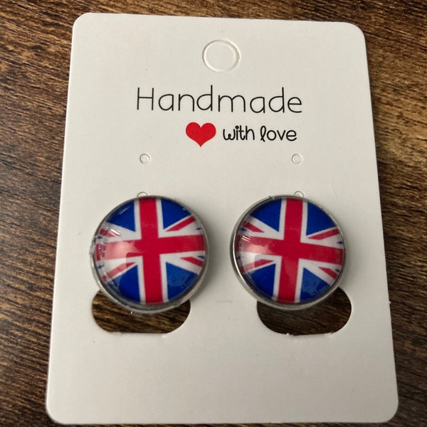 clip on Union Jack earrings round silver tone clip on studs glass cabochons