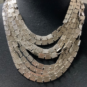 Italian designer Signed graziano vintage flat chain link silver multi strand bib necklace