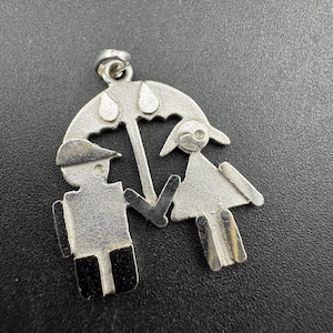Vintage 1970s Sterling Silver Lovers Pendant: Girl and Boy Under Umbrella